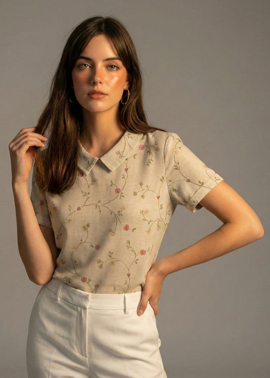 Lunezzo Women's Floral Embroidered Blouse – Cotton Linen Blend – Beige