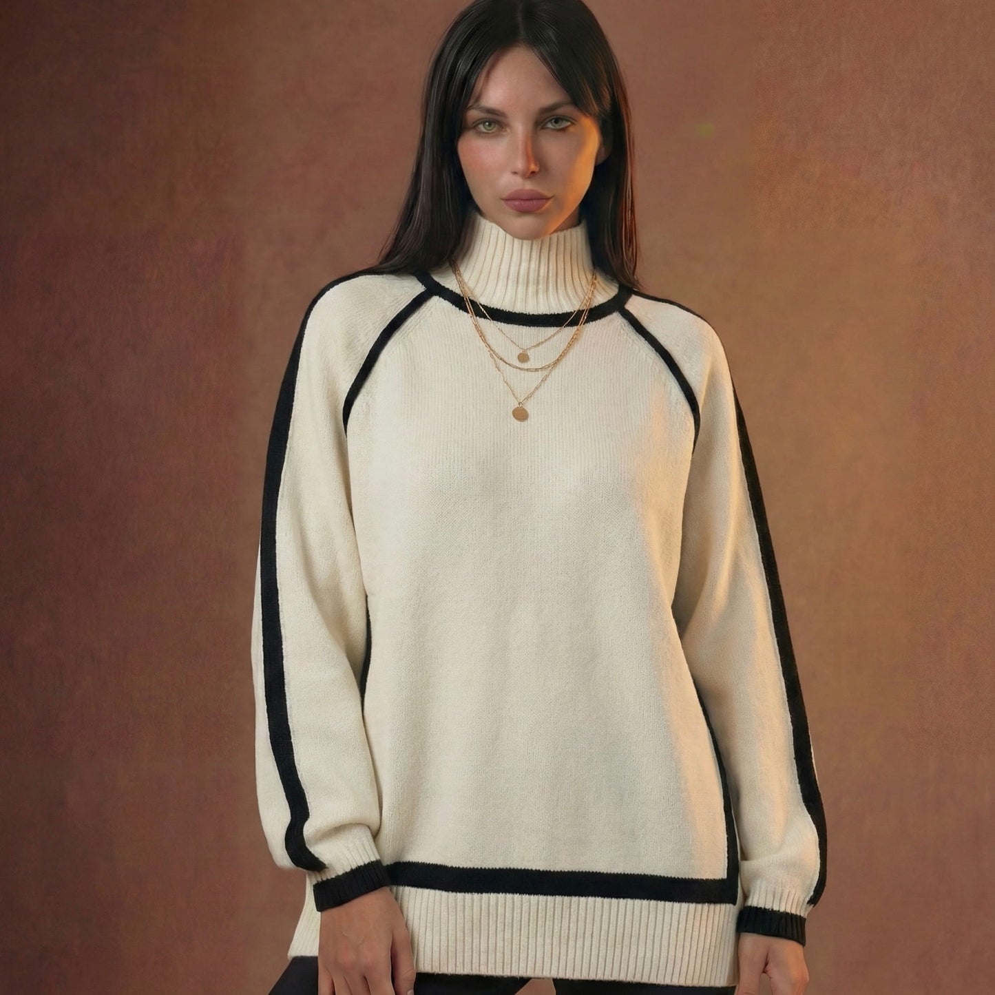 Elegant Contrast Piping Sweater