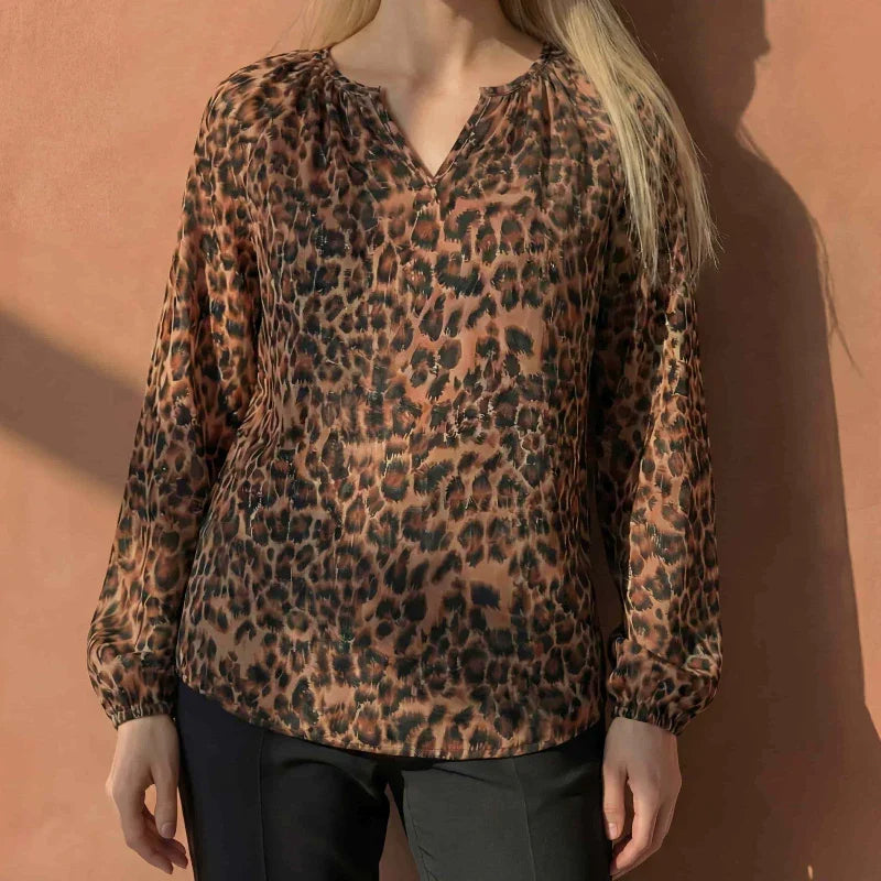 Leopard Print Volume-Sleeve Blouse front 3