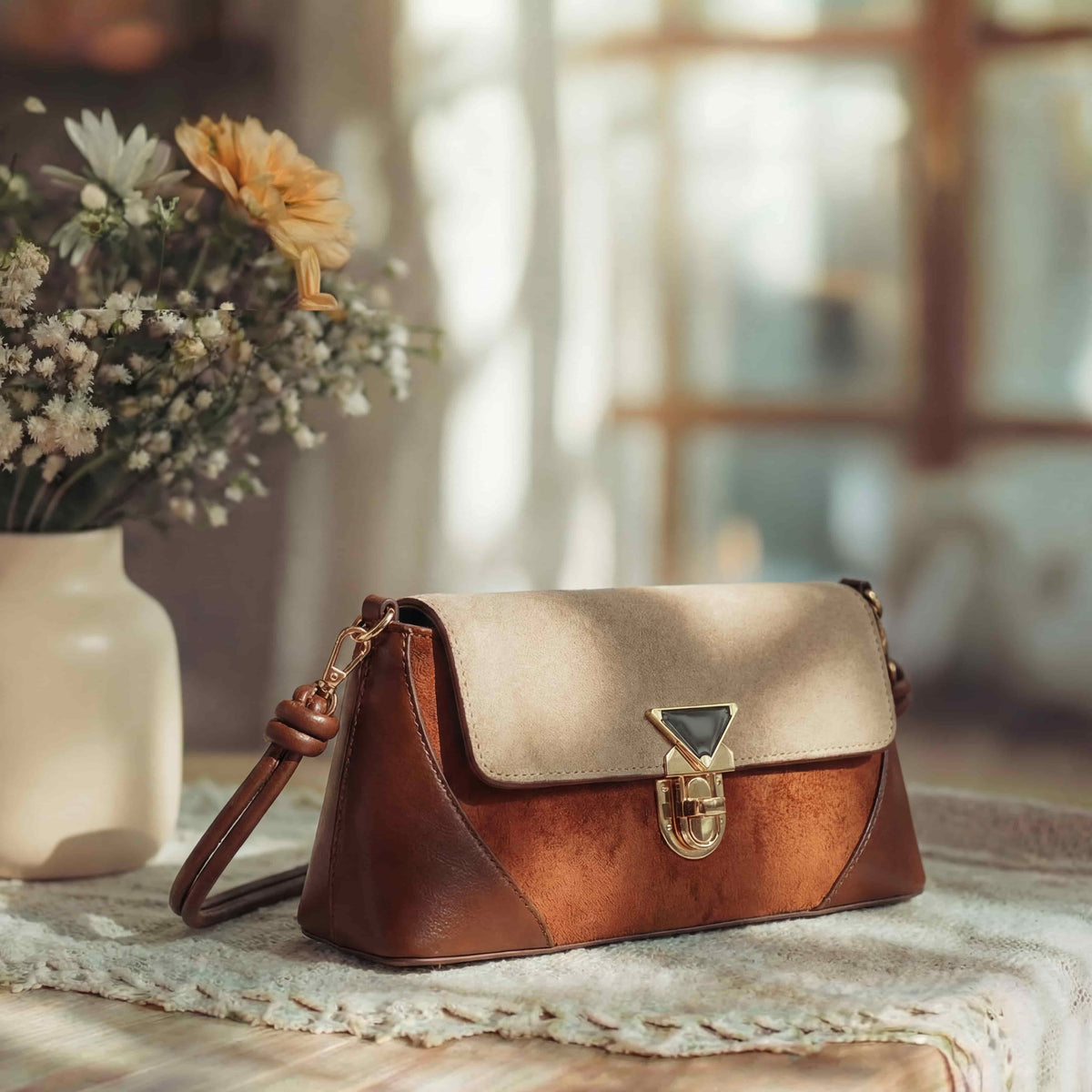 Two-Tone Vintage Flap Shoulder Bag, Detachable Knotted Strap