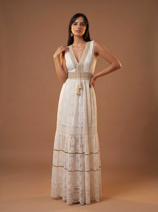 Women's Elegant Lace Maxi Dress | Sleeveless V-Neck
