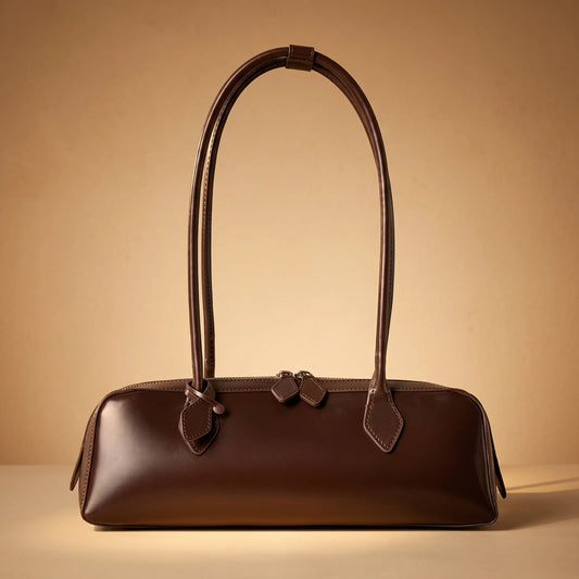 Genuine Leather Baguette Shoulder Bag — Structured Zip Top, Office Bag — Lunezzo