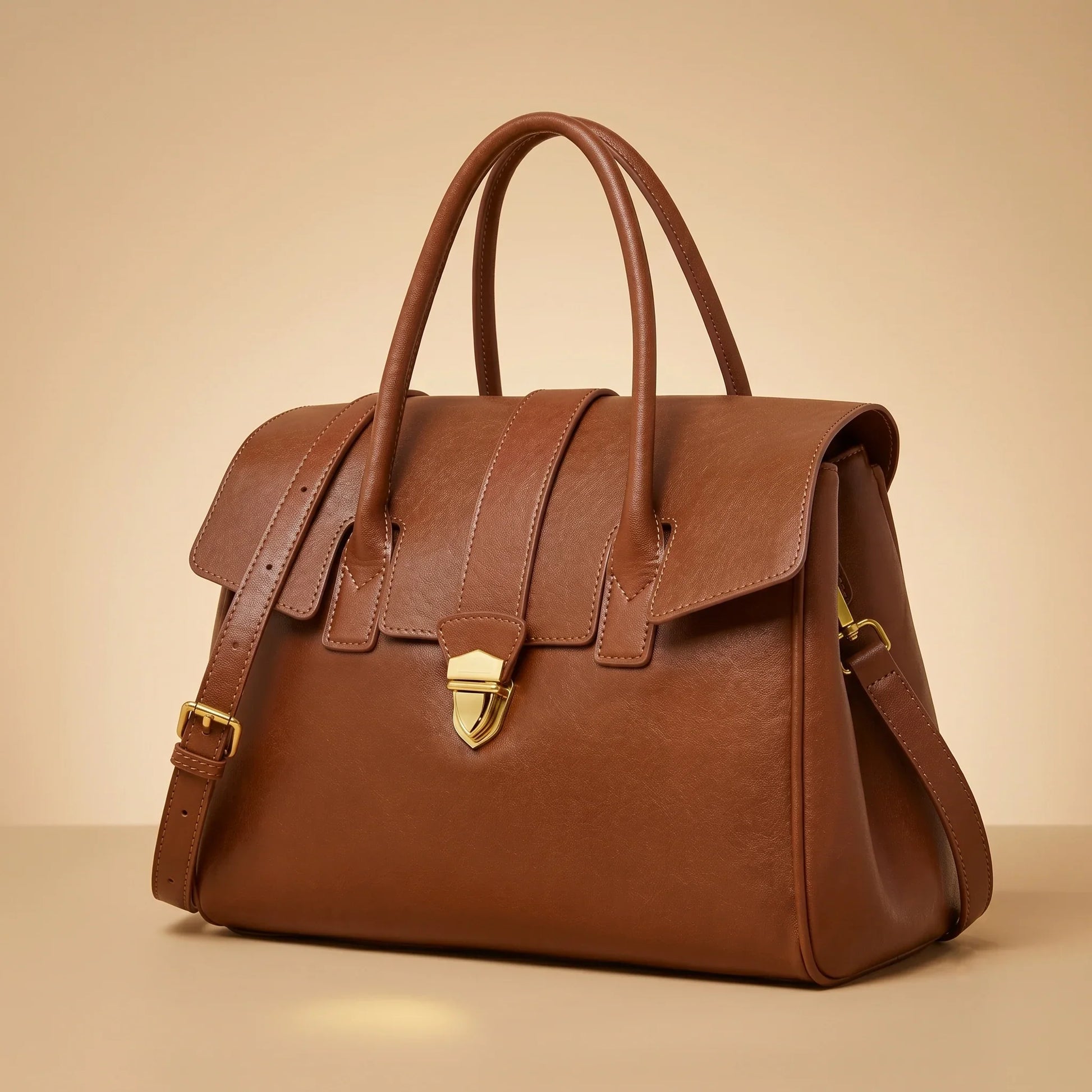 Genuine Leather Satchel Flap Top Handle Bag Women Work Shoulder Clasp — Lunezzo