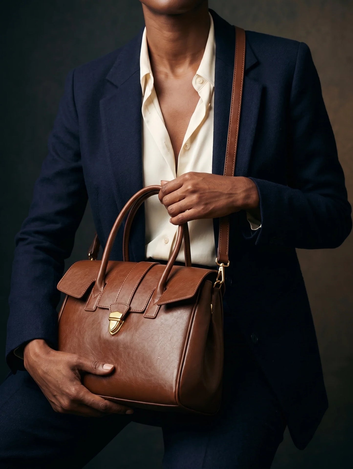 Genuine Leather Satchel Flap Top Handle Bag Women Work Shoulder Clasp — Lunezzo6