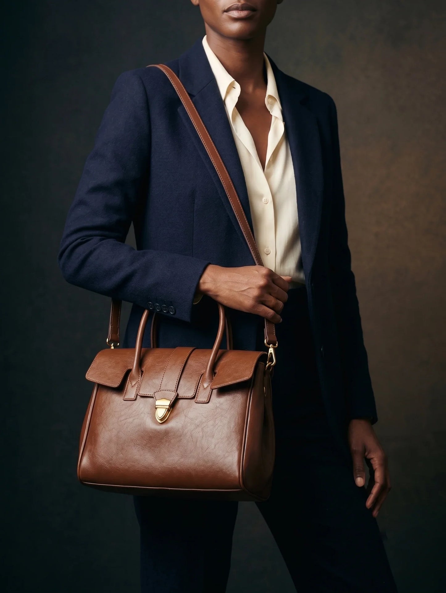 Genuine Leather Satchel Flap Top Handle Bag Women Work Shoulder Clasp — Lunezzo7