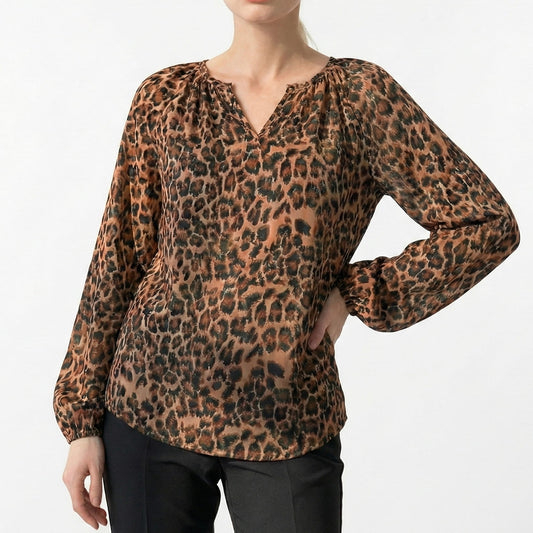 Leopard Print Volume-Sleeve Blouse