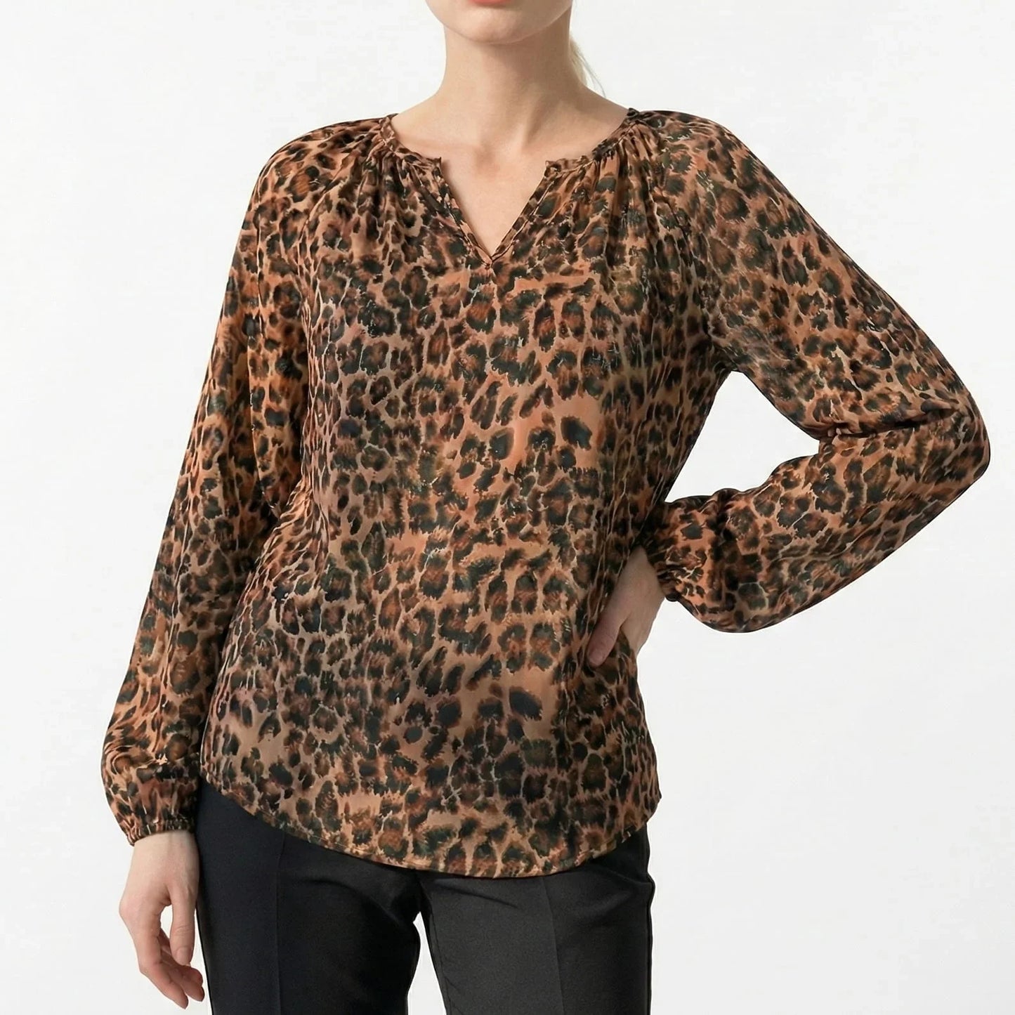 Leopard Print Volume-Sleeve Blouse