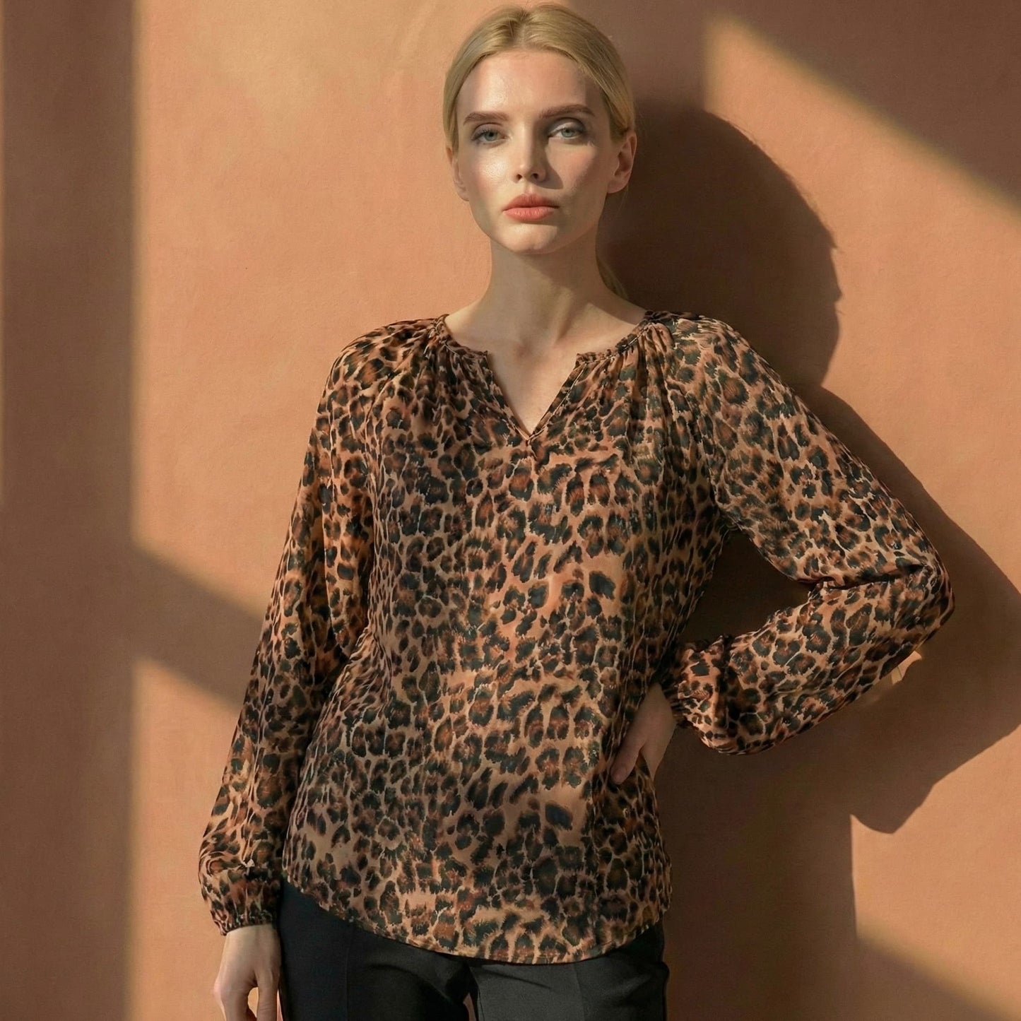 Leopard Print Volume-Sleeve Blouse front 2