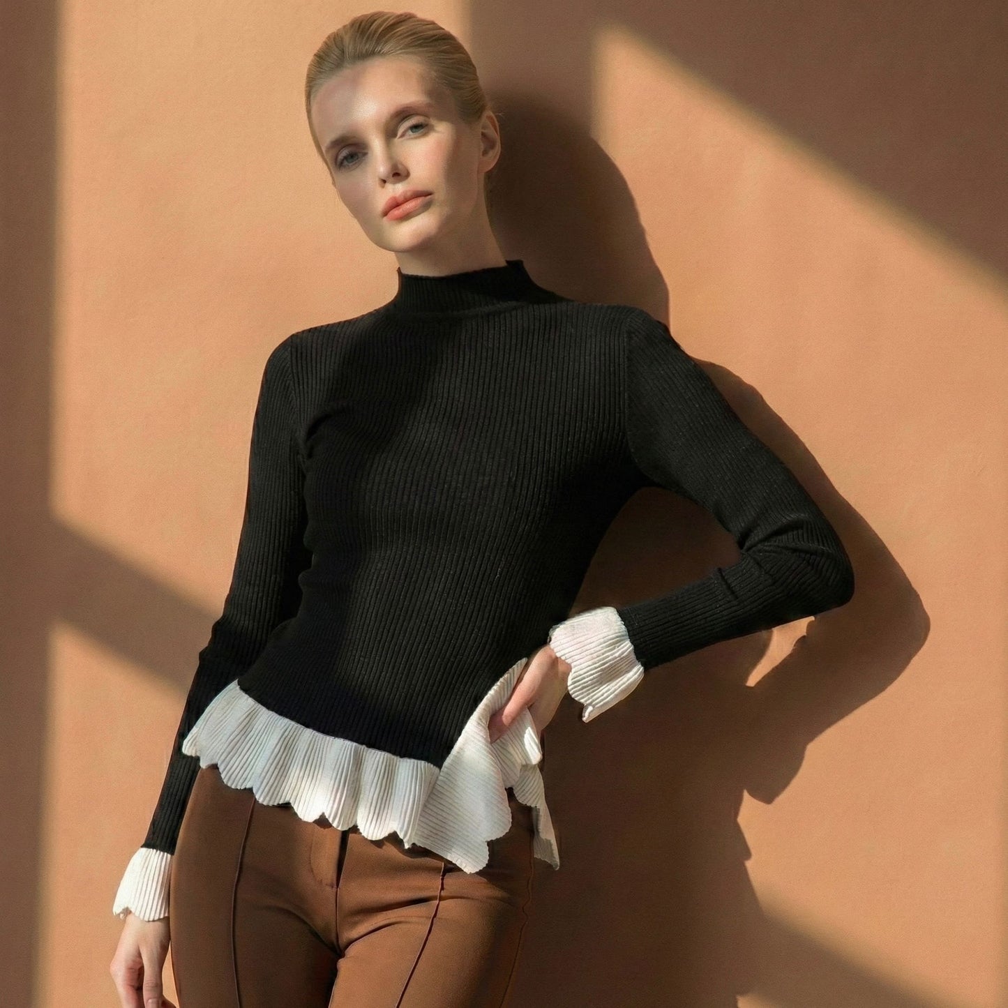 Lunezzo Noir Contrast Ruffle Blouse front