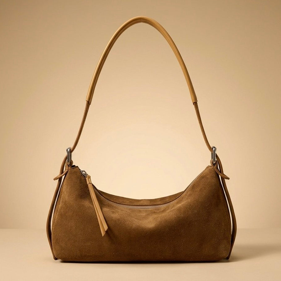 Suede Hobo Bag Genuine Suede Slouchy Vintage Shoulder Bag Women Zipper — Lunezzo