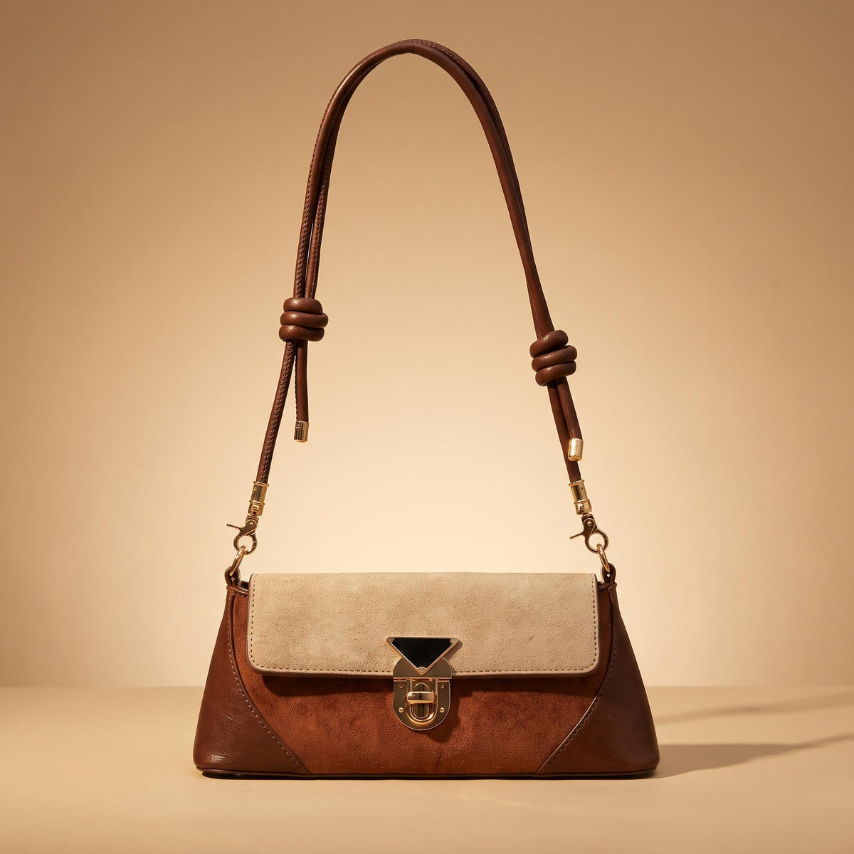Two-Tone Vintage Flap Shoulder Bag, Detachable Knotted Strap — Lunezzo1