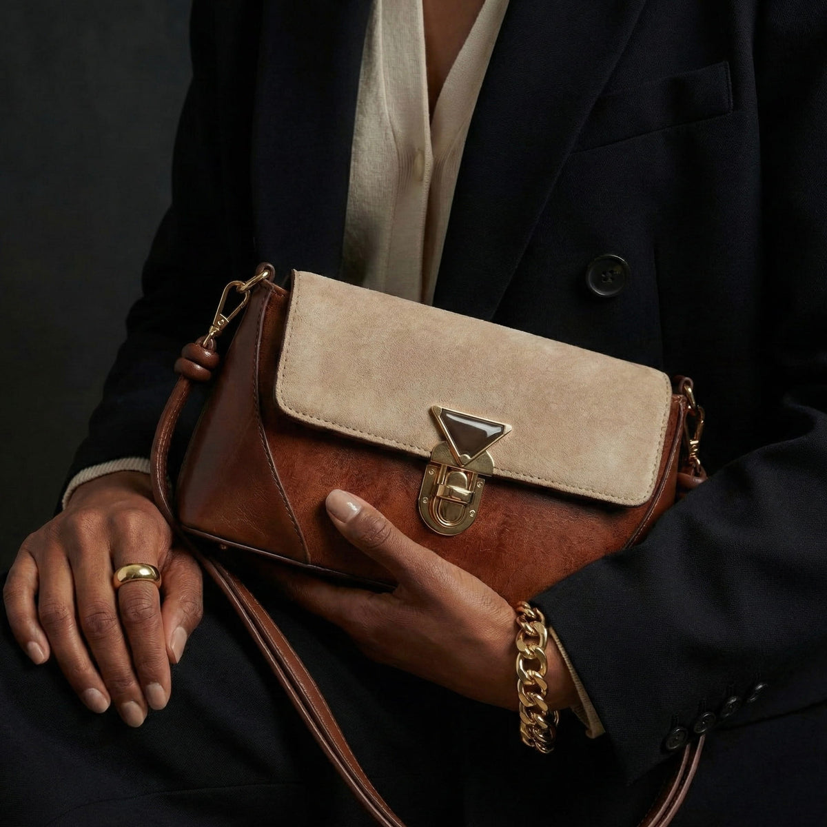 Two-Tone Vintage Flap Shoulder Bag, Detachable Knotted Strap — Lunezzo2
