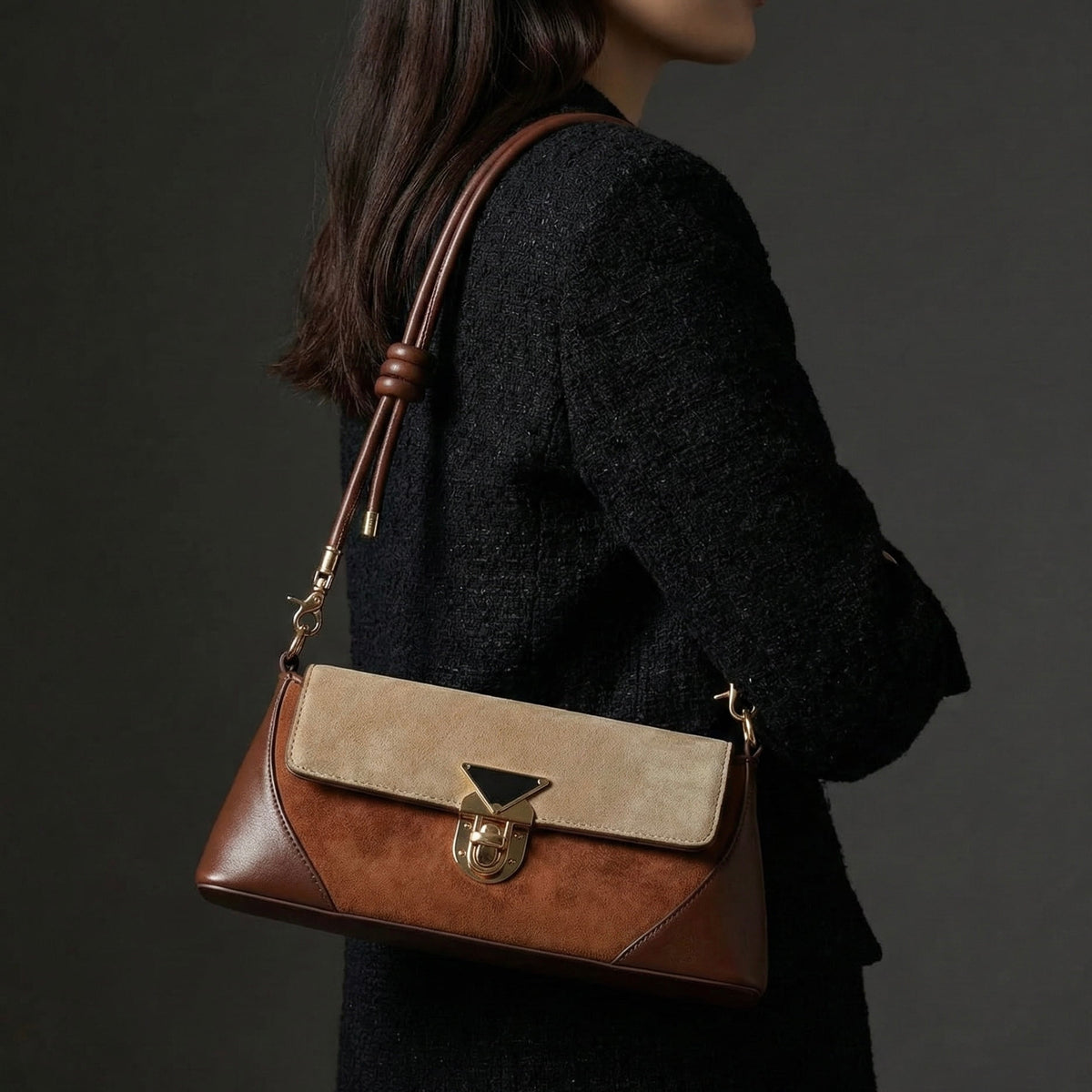 Two-Tone Vintage Flap Shoulder Bag, Detachable Knotted Strap — Lunezzo3