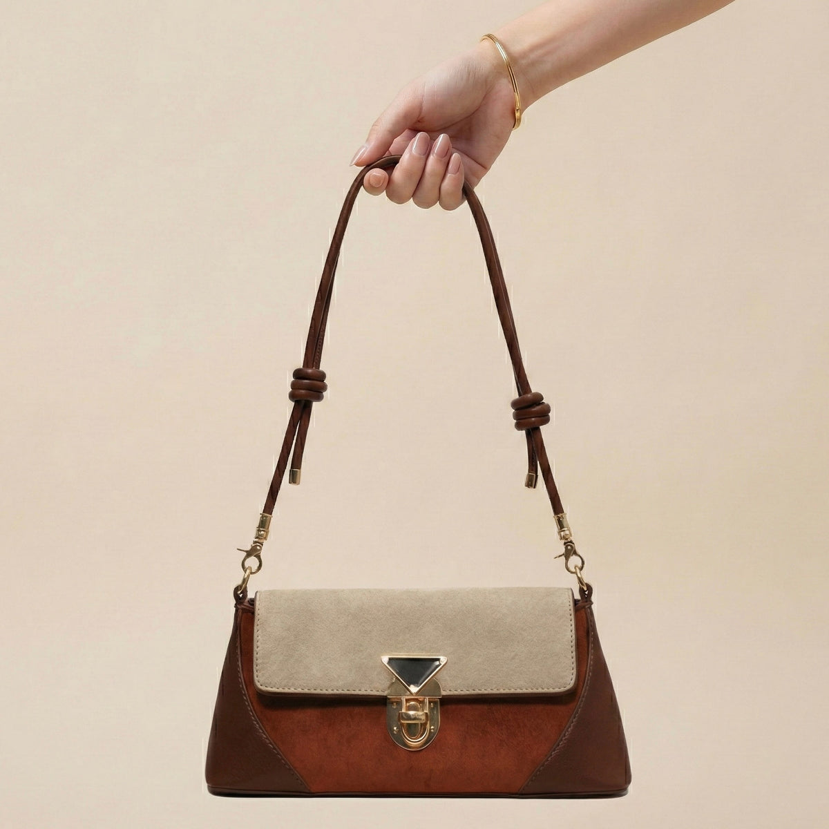 Two-Tone Vintage Flap Shoulder Bag, Detachable Knotted Strap — detail2
