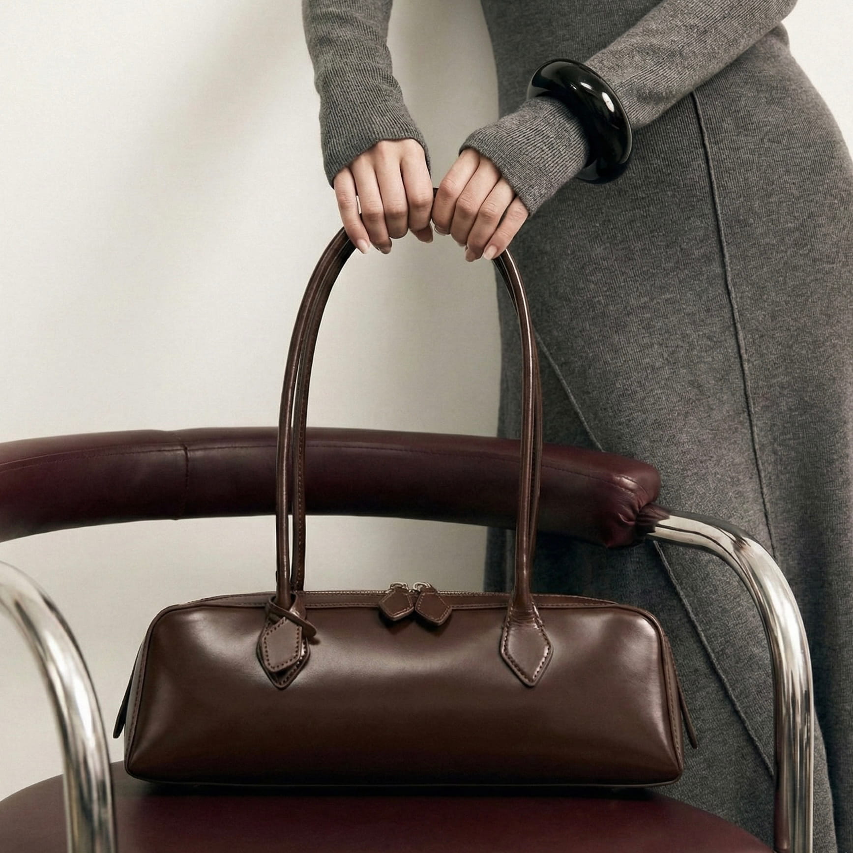 Women Baguette Shoulder Bag — Glossy Zip-Top Structured Handbag with Double Strap — Lunezzo2