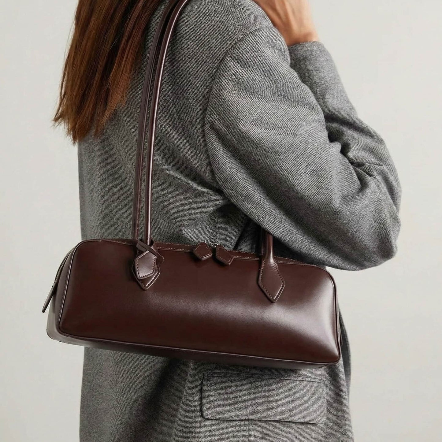 Women Baguette Shoulder Bag — Glossy Zip-Top Structured Handbag with Double Strap — Lunezzo3