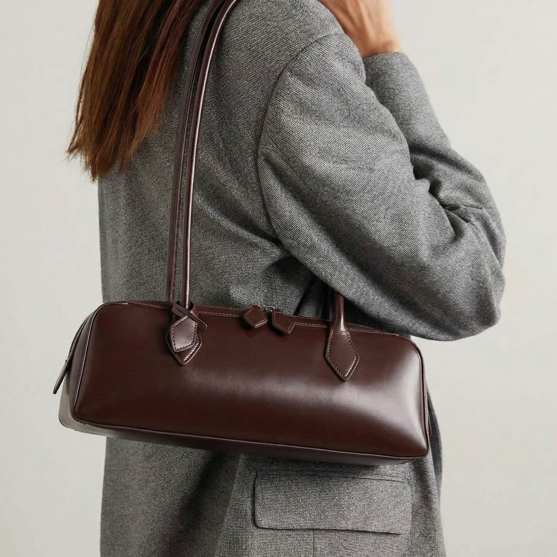 Women Baguette Shoulder Bag — Glossy Zip-Top Structured Handbag with Double Strap — Lunezzo3