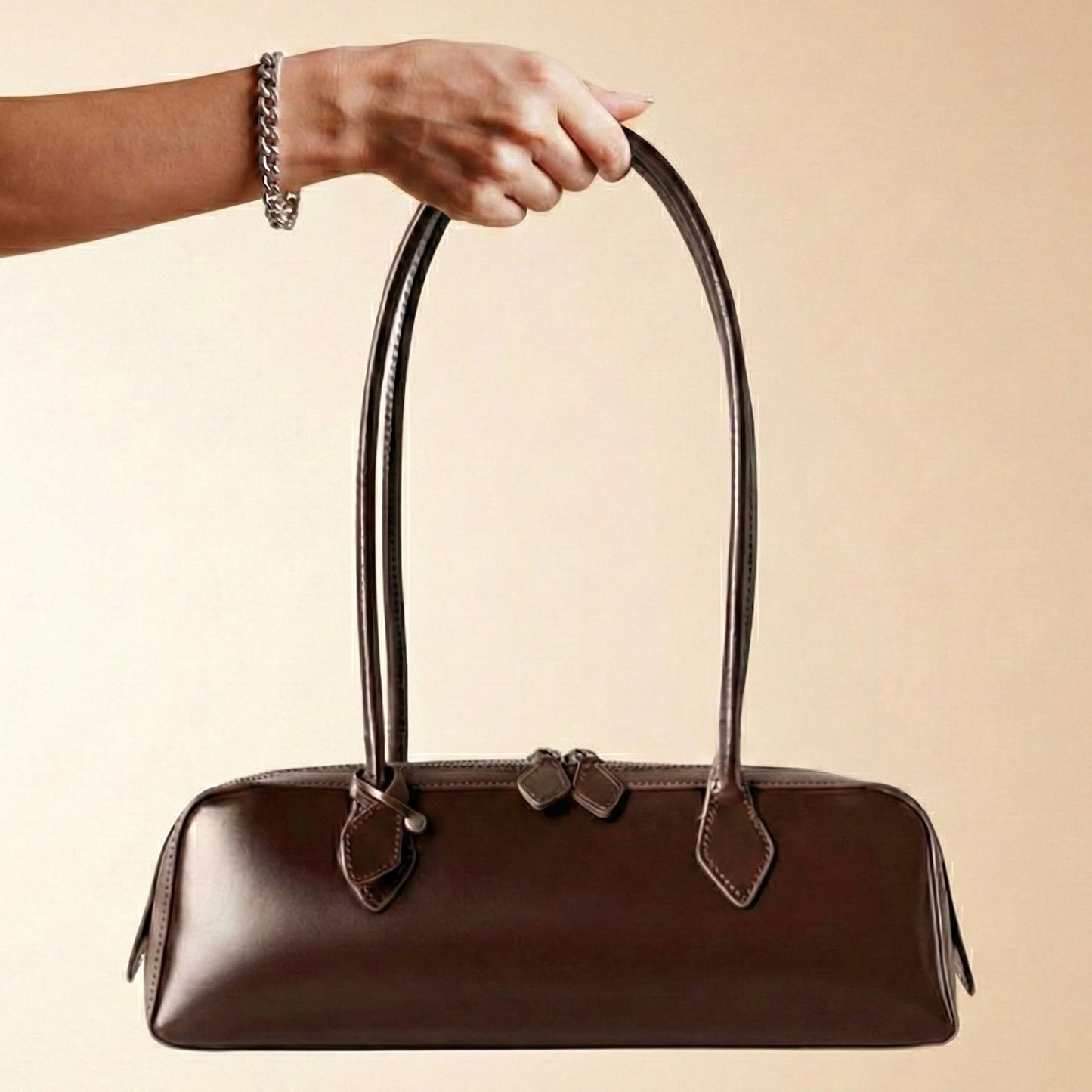 Women Baguette Shoulder Bag — Glossy Zip-Top Structured Handbag with Double Strap — Lunezzo4