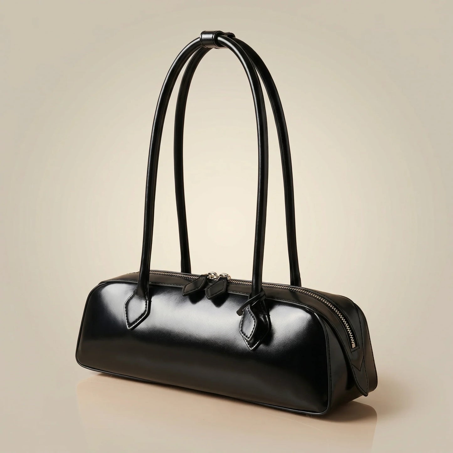 Women Baguette Shoulder Bag — Glossy Zip-Top Structured Handbag with Double Strap — Lunezzo_black