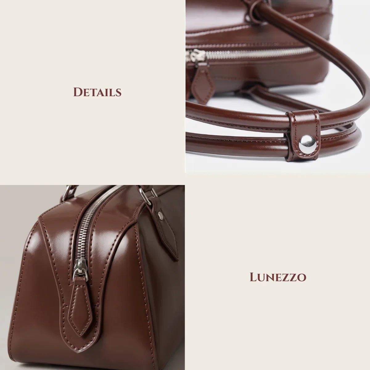 Women Baguette Shoulder Bag — Glossy Zip-Top Structured Handbag with Double Strap — Lunezzo_details