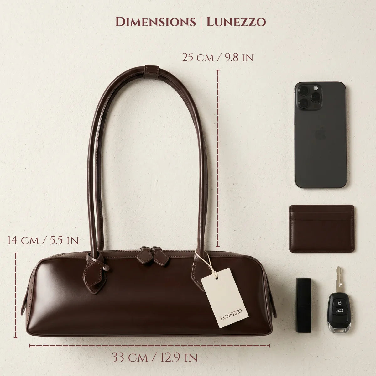 Women Baguette Shoulder Bag — Glossy Zip-Top Structured Handbag with Double Strap — Lunezzo_dms