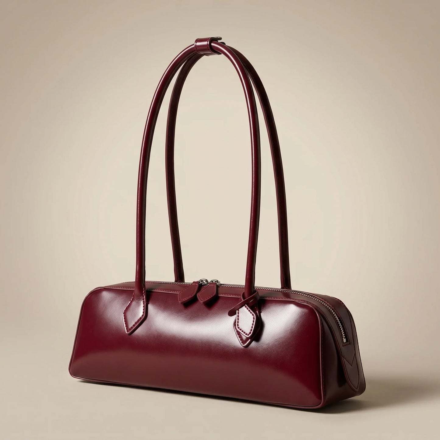 Women Baguette Shoulder Bag — Glossy Zip-Top Structured Handbag with Double Strap — Lunezzo_red