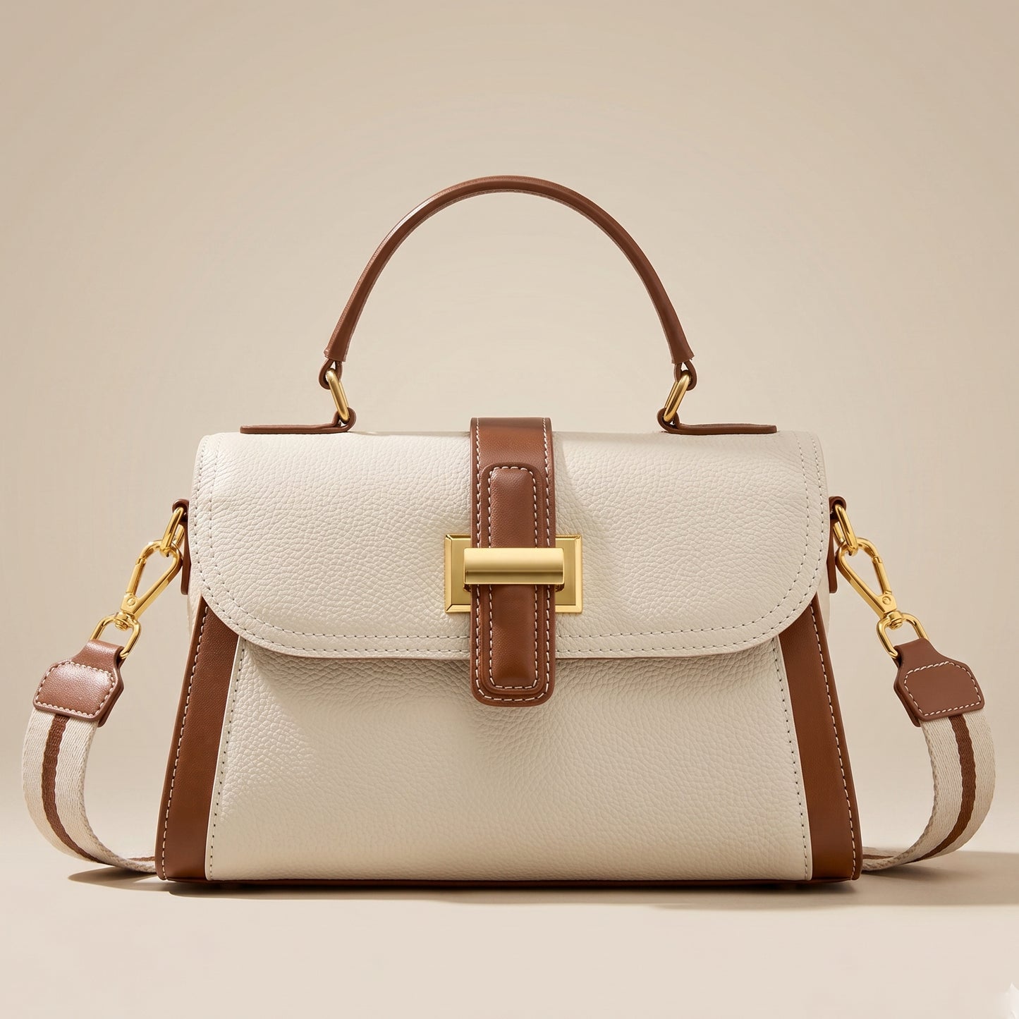 Women Structured Top Handle Crossbody Bag Color Block Gold Hardware — Lunezzo2