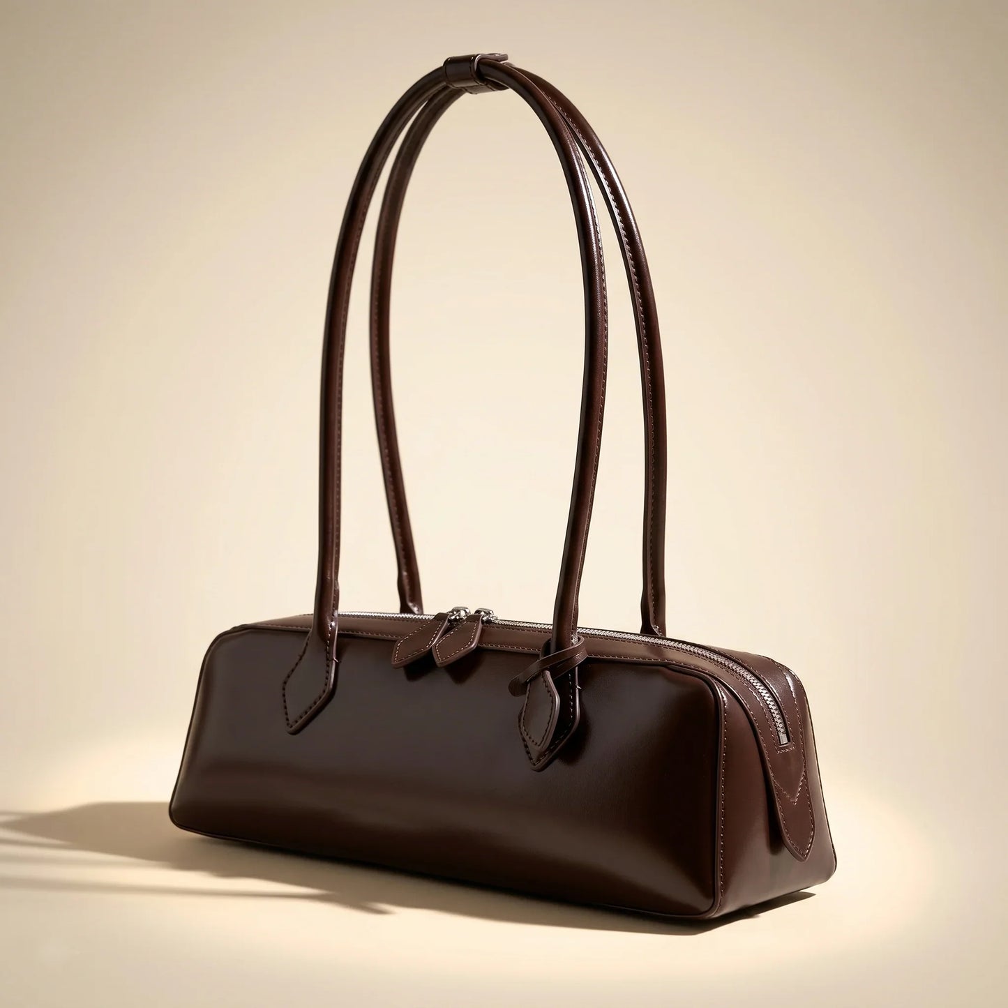 Women's Baguette Shoulder Bag — Glossy Zip-Top Structured Handbag with Double Strap — Lunezzo_brown