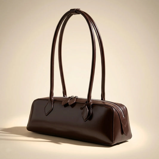 Women's Baguette Shoulder Bag — Glossy Zip-Top Structured Handbag with Double Strap — Lunezzo_brown