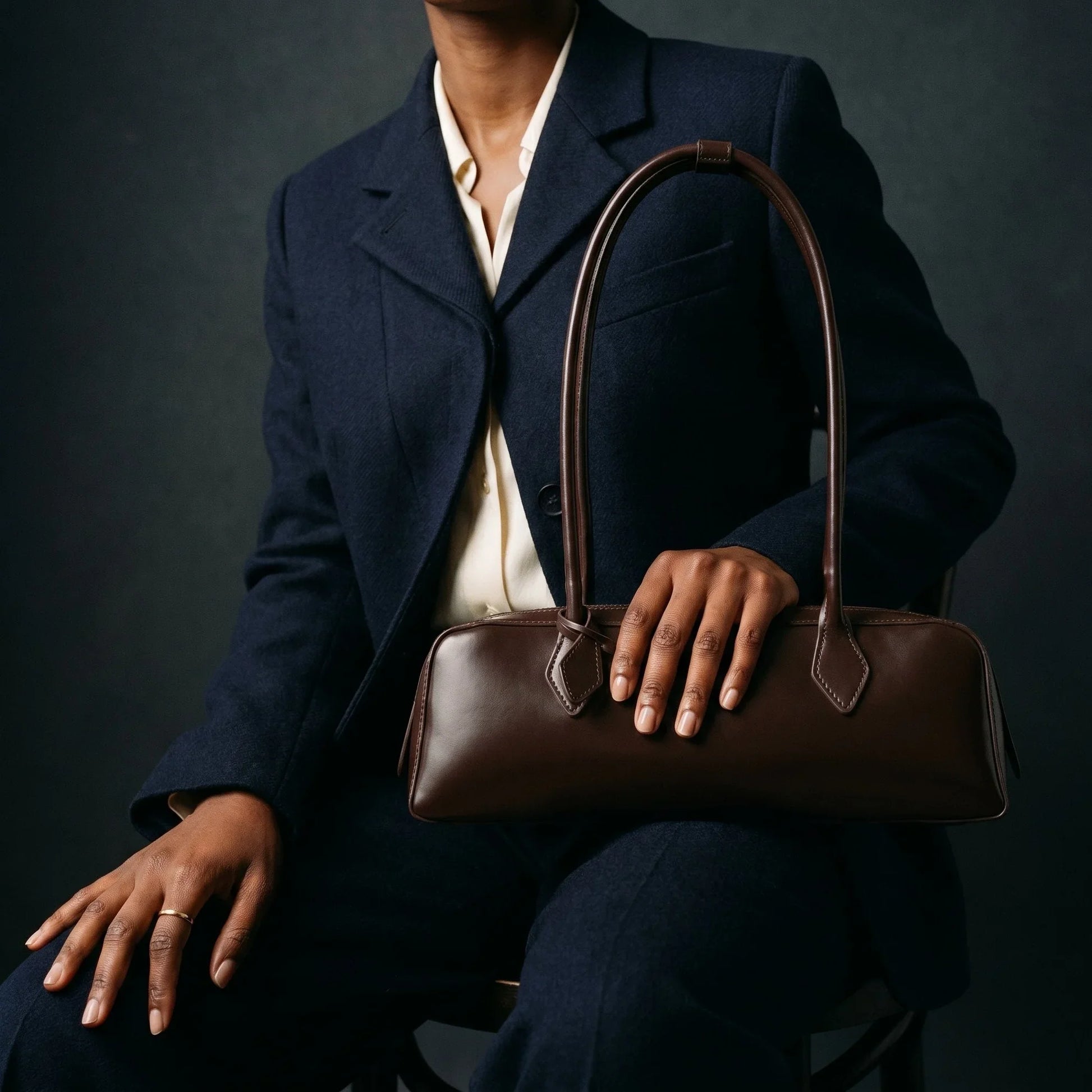 Women's Baguette Shoulder Bag — Glossy Zip-Top Structured Handbag with Double Strap — Lunezzo_model