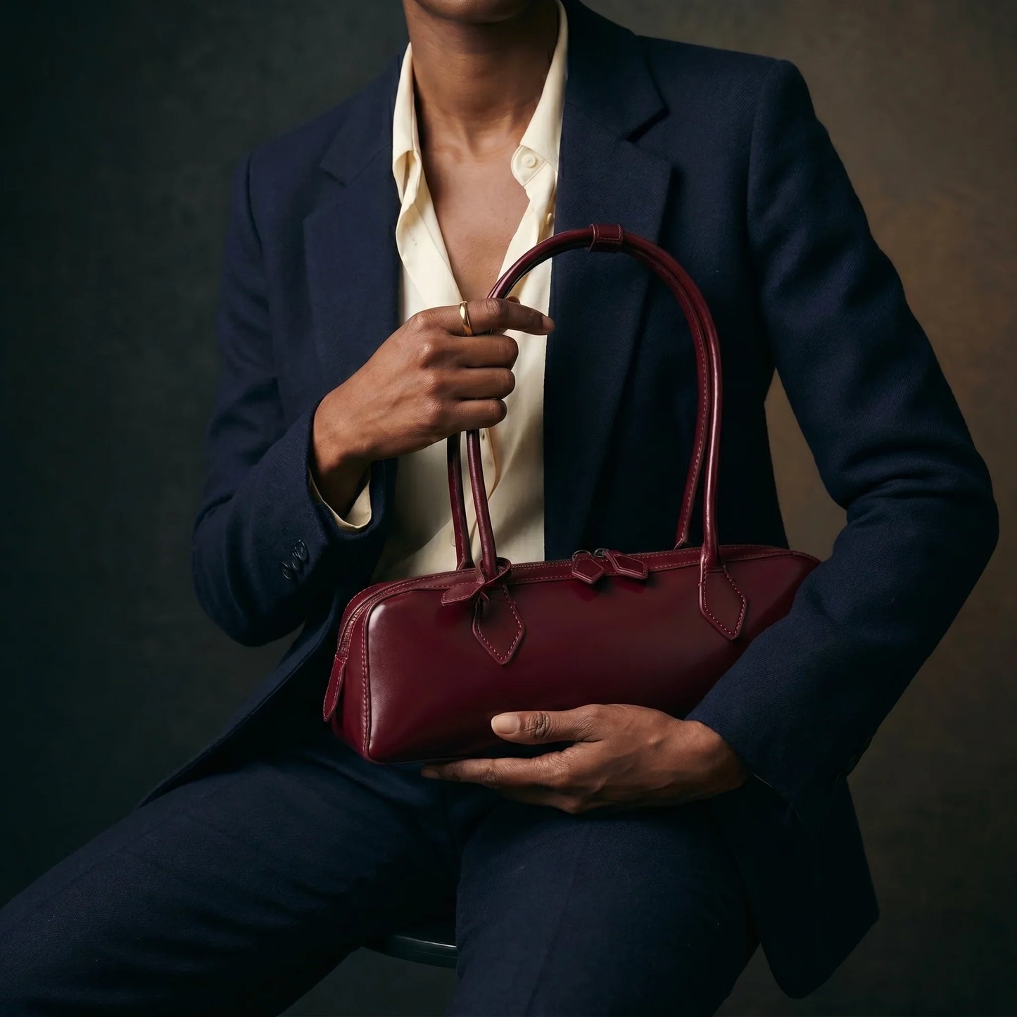 Women's Baguette Shoulder Bag — Glossy Zip-Top Structured Handbag with Double Strap — Lunezzo_model3