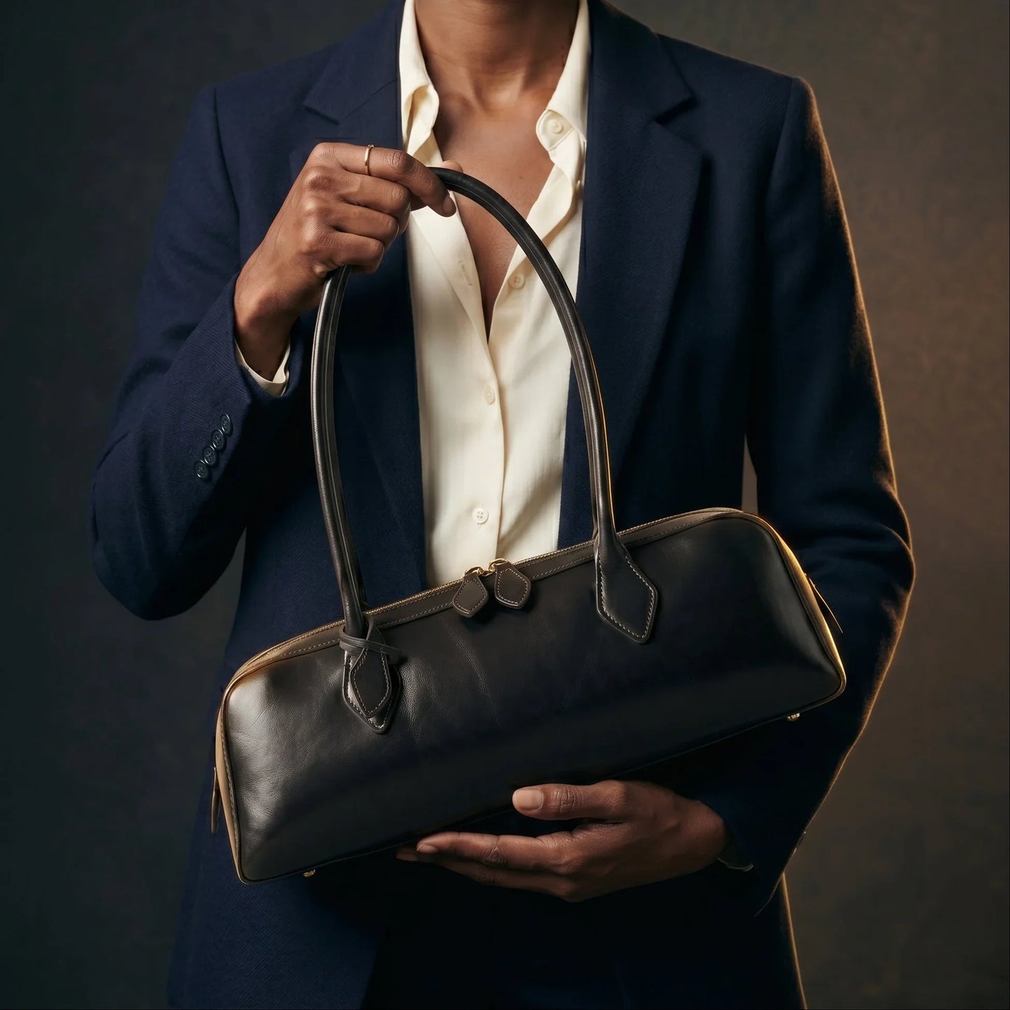 Women's Baguette Shoulder Bag — Glossy Zip-Top Structured Handbag with Double Strap — Lunezzo_model4